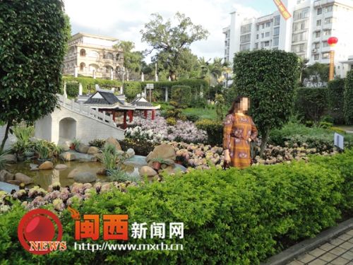 一位市民越過(guò)綠化帶，踩到花叢中拍照